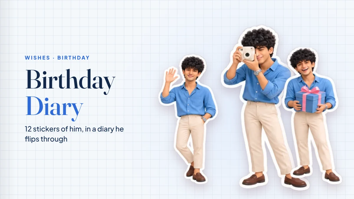 Birthday Diary for him, with cartoon stickers made from photos