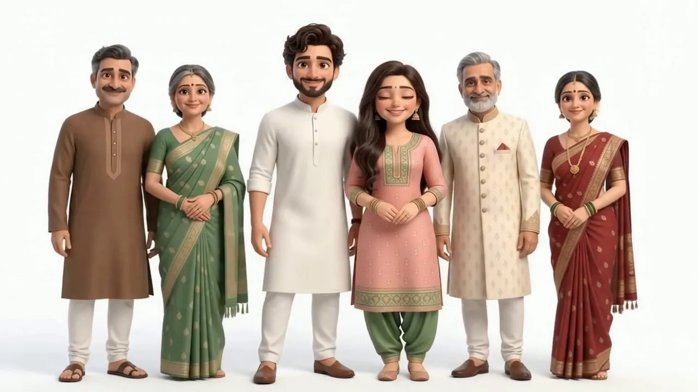 A couple with both families as 3D characters