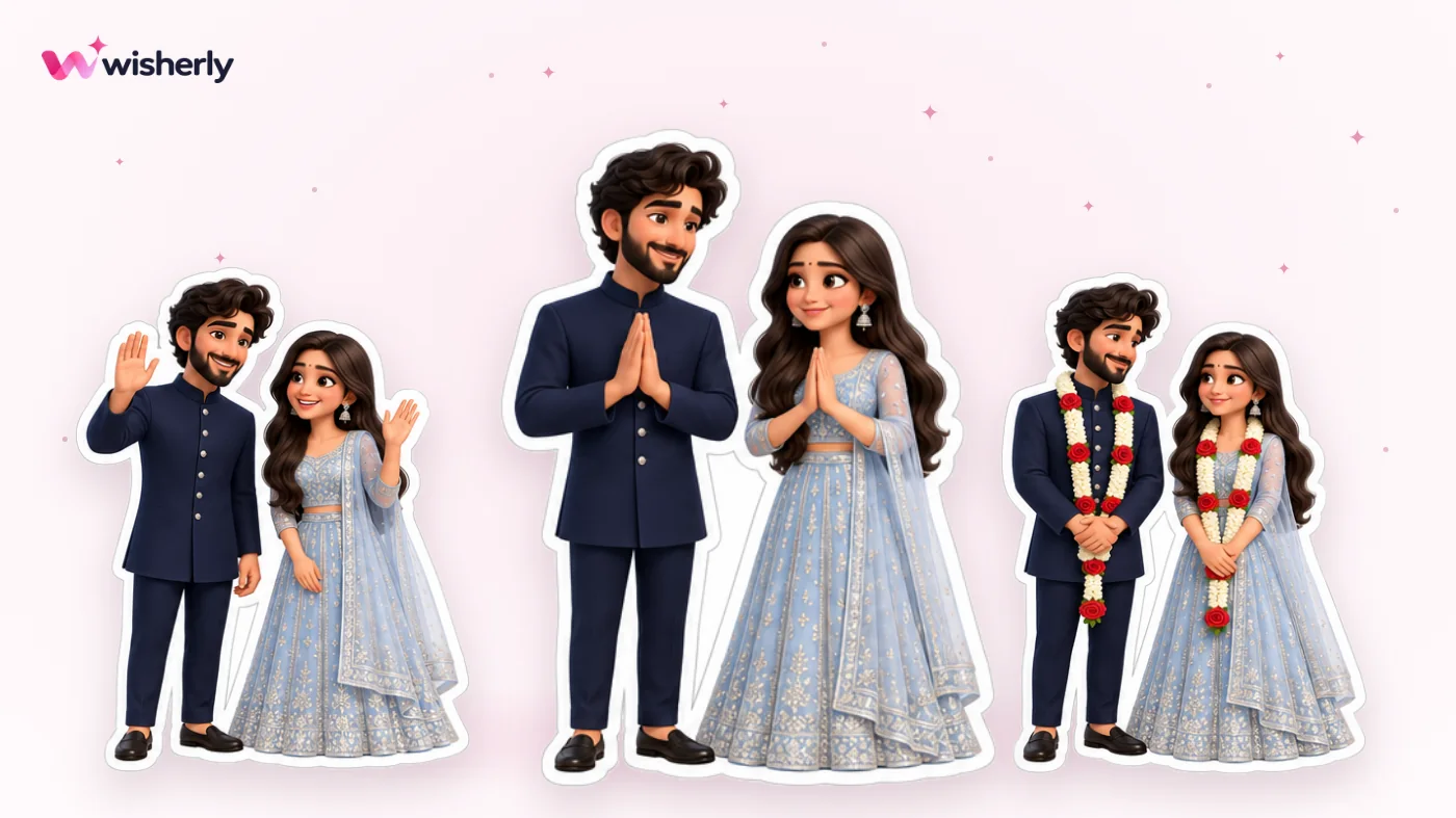 The sample couple as Celestial Vows stickers, waving and greeting guests with a namaste
