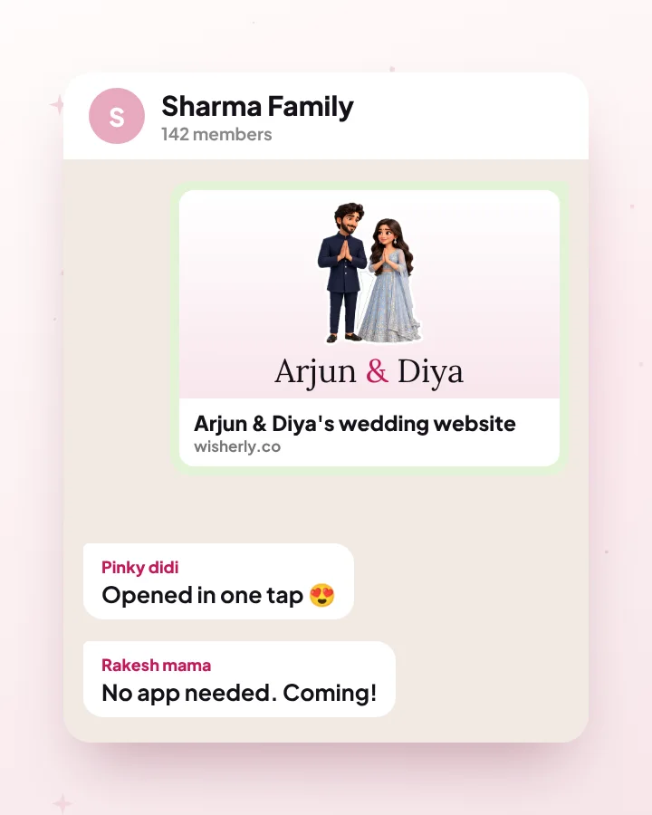 A wedding website link shared in a family WhatsApp group