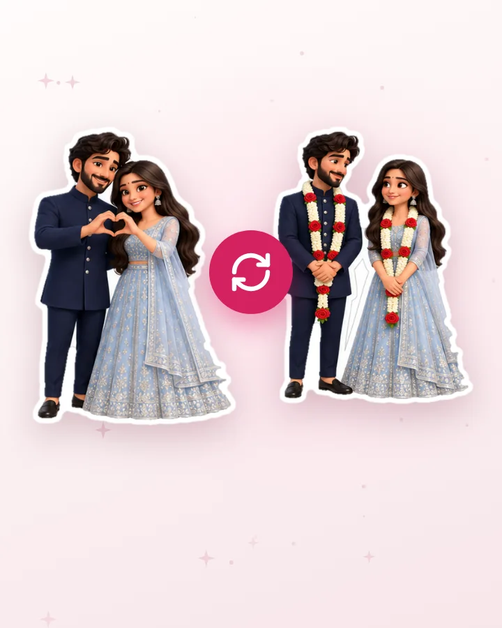 Two versions of the couple’s stickers with a re-do arrow