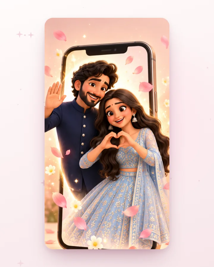 The couple as animated stickers bursting out of a phone