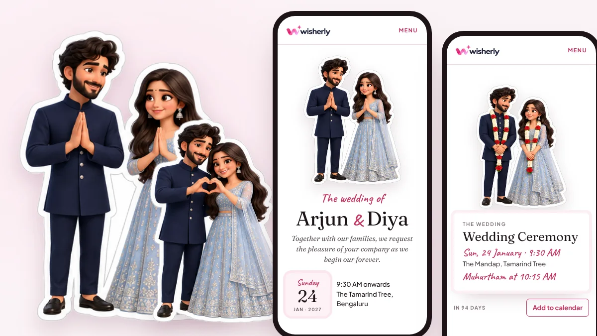The sample couple as stickers, and their invitation on two phones