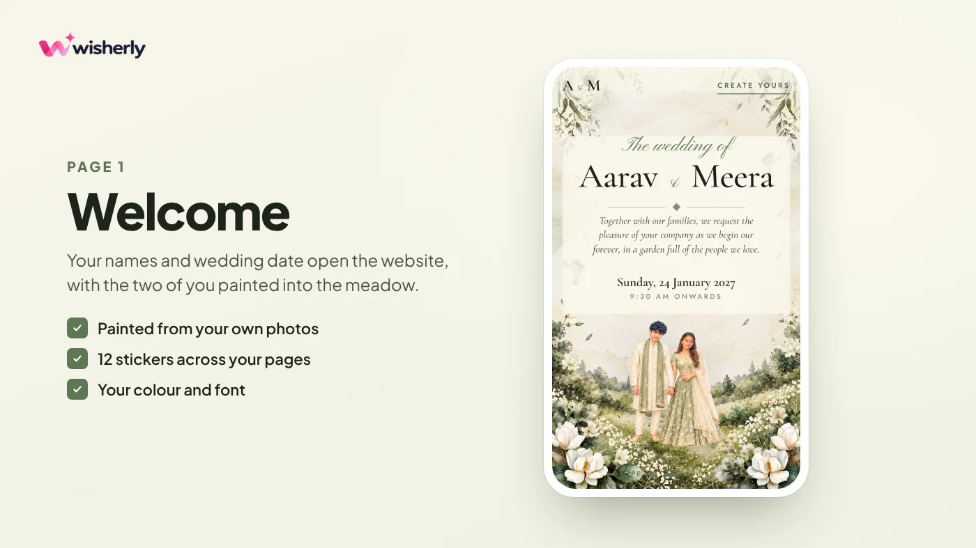 Page 1, Welcome: the couple’s names and date, with the two of them greeting guests