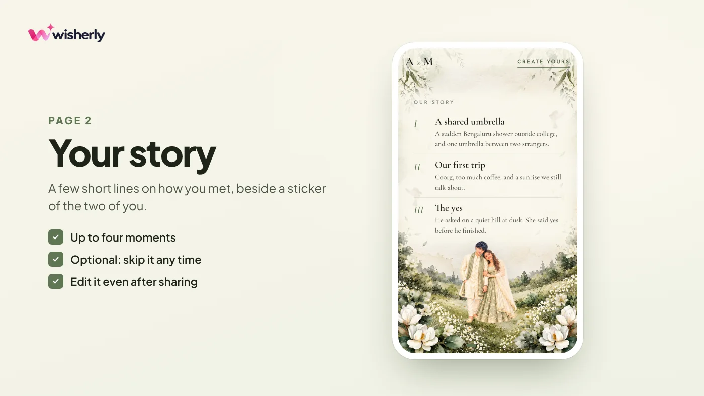 Page 2, Your story: a few lines about how they met