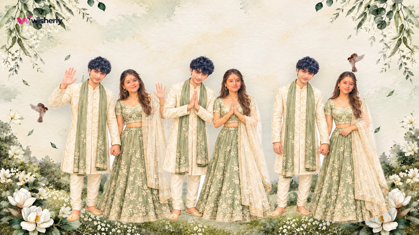 The sample couple as Eternal Vows stickers, waving and greeting guests with a namaste