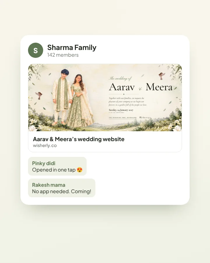 A wedding website link shared in a family WhatsApp group