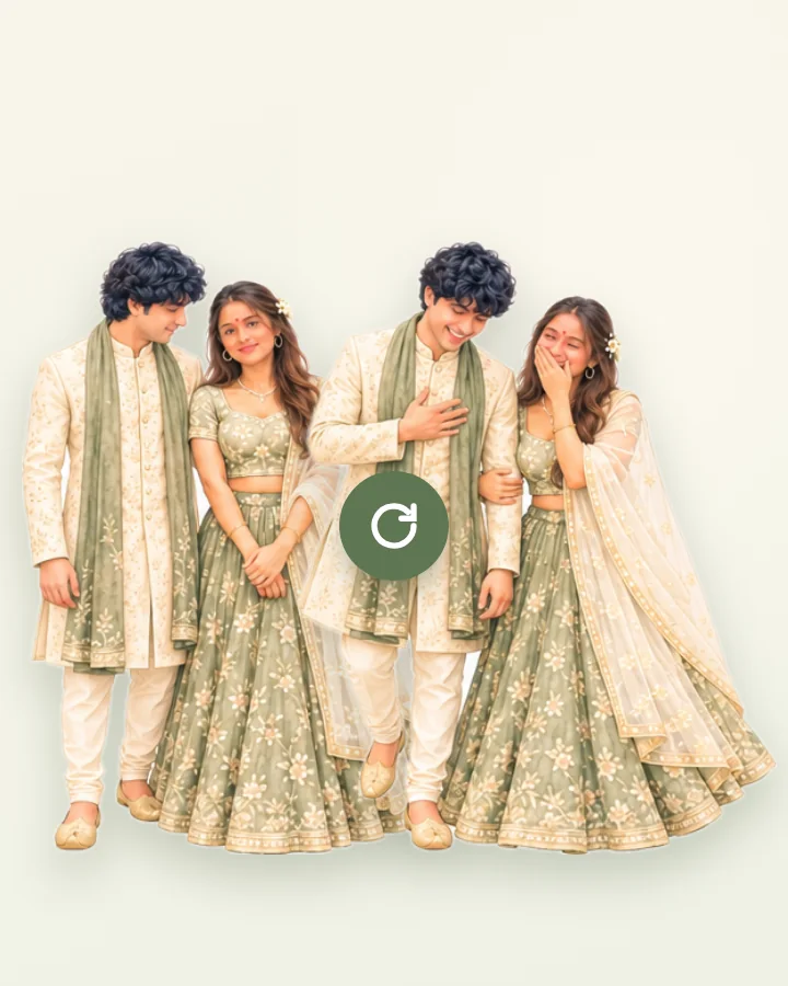 Two versions of the couple’s stickers with a re-do arrow