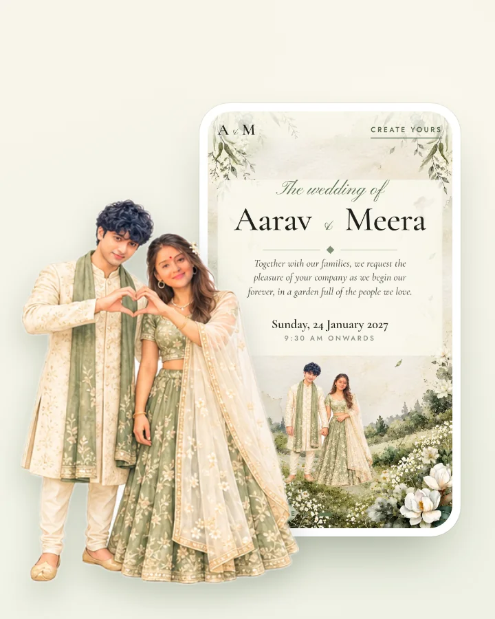 The couple painted in watercolour beside their wedding website on a phone