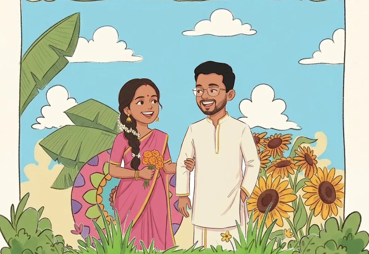 Storybook: an illustrated couple standing in a garden