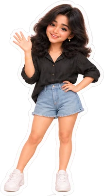 Ananya's sticker in a black shirt and denim shorts