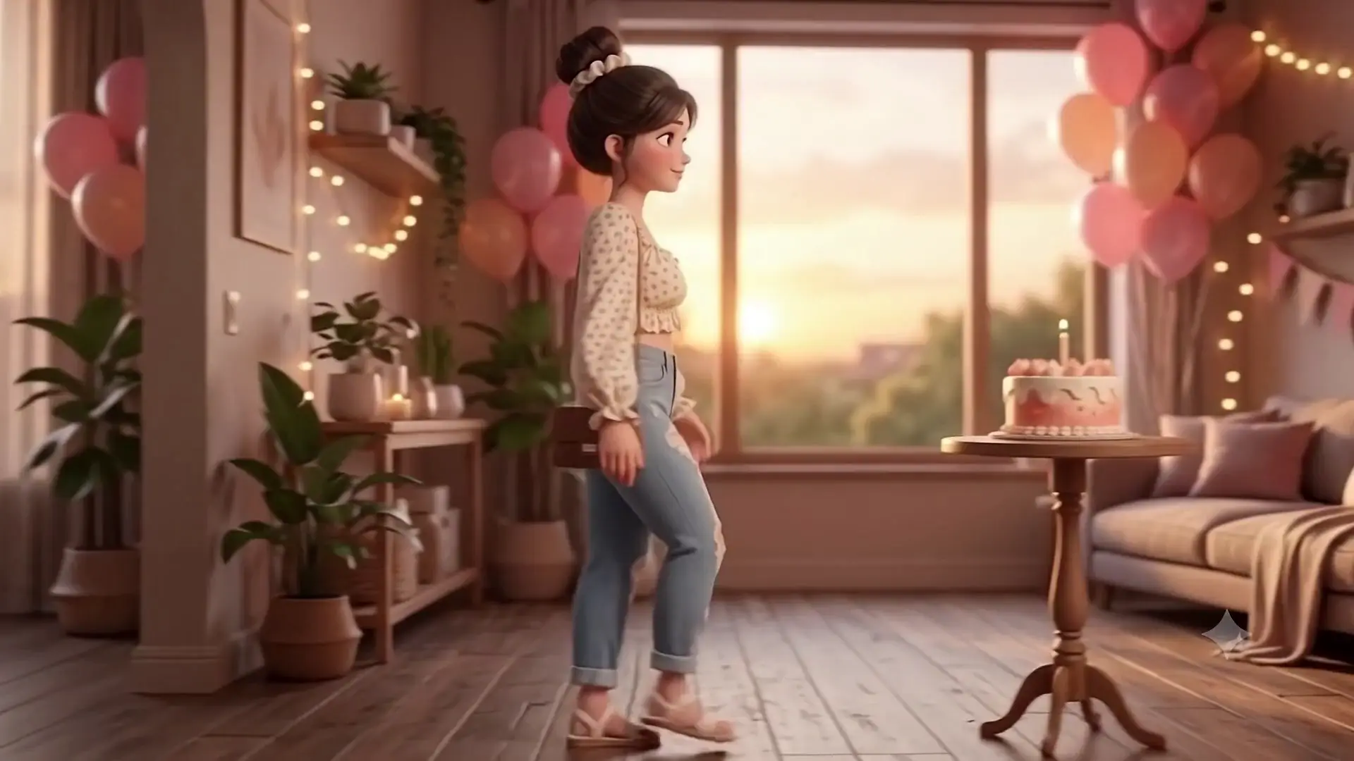 A still from The Party Room: the birthday room with balloons and a cake